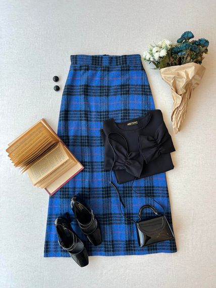 Long Blue Cotton Winter Plaid Skirt - photo 1