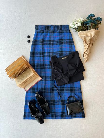 Long Blue Cotton Winter Plaid Skirt - photo 3