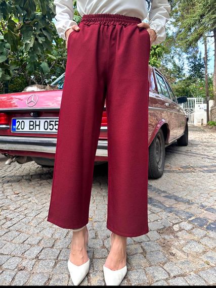 Women's Burgundy Color Wool Effect Trousers - photo 1