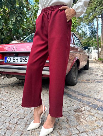 Women's Burgundy Color Wool Effect Trousers - photo 2