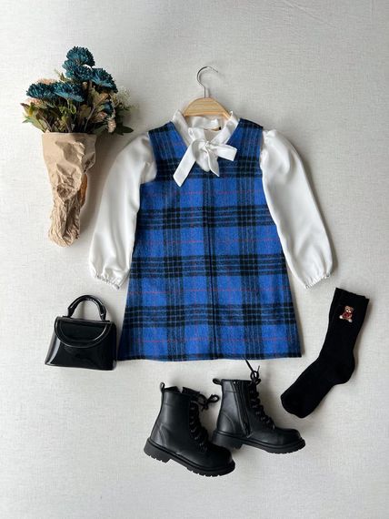 Blue Patterned Plaid Winter Girl's V-Neck Gilet Dress - photo 1