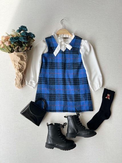 Blue Patterned Plaid Winter Girl's V-Neck Gilet Dress - photo 2