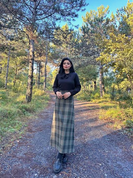 Khaki A-Line Long Plaid Skirt - photo 2