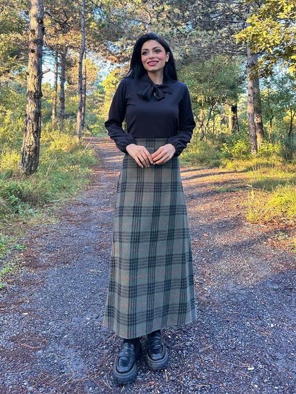 Khaki A-Line Long Plaid Skirt - photo 1