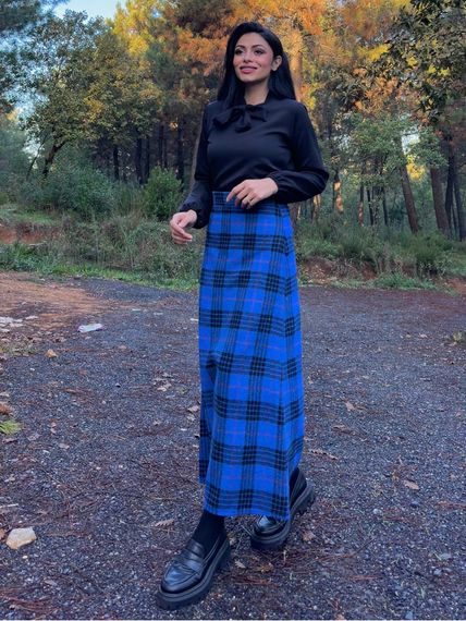 Blue A-Line Long Plaid Skirt - photo 1