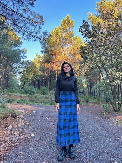 Blue A-Line Long Plaid Skirt - photo 4