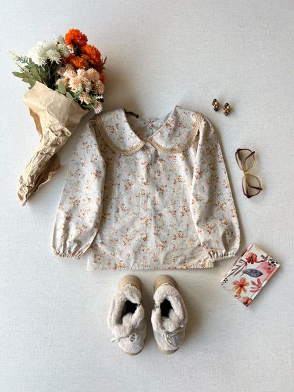 Cream-Brown Floral Baby Collar Girl's Poplin Blouse - photo 2