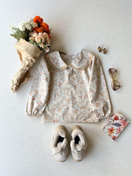 Cream-Brown Floral Baby Collar Girl's Poplin Blouse - photo 1