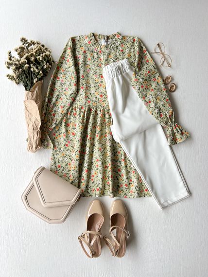 Green Floral Ruffle Collar Poplin Tunic and Girls' Dress - photo 3