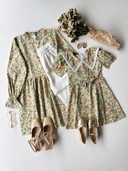 Green Floral Ruffle Collar Poplin Tunic and Girls' Dress - photo 4