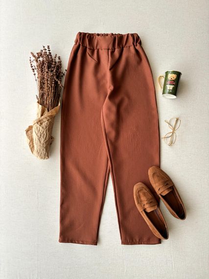 Brown Crepe Waist Elastic Waist Trousers - photo 1