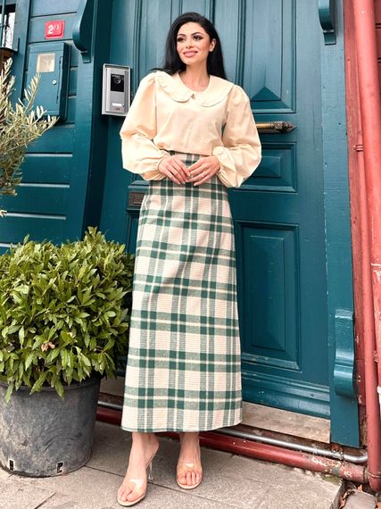 Long Green Cotton Winter Plaid Skirt - photo 1