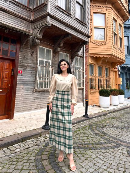 Long Green Cotton Winter Plaid Skirt - photo 3