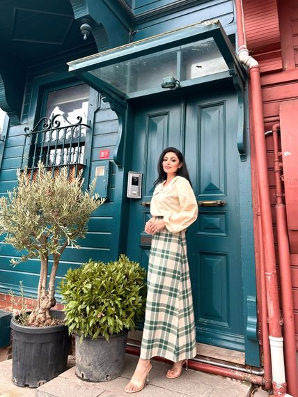 Long Green Cotton Winter Plaid Skirt - photo 4