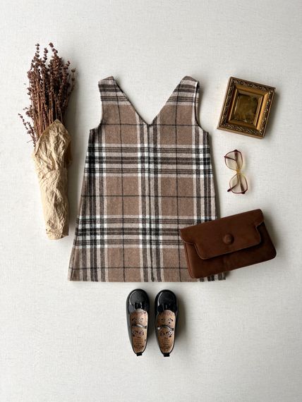 Tan Patterned Plaid Winter Girl's V-Neck Gilet Dress - photo 1