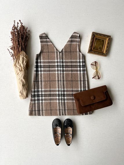 Tan Patterned Plaid Winter Girl's V-Neck Gilet Dress - photo 2