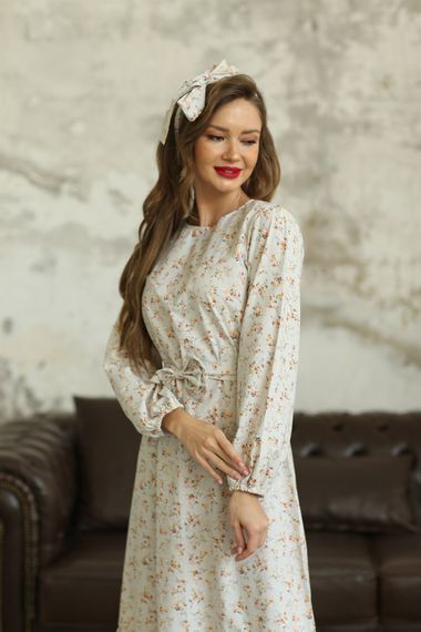 Hijab Cream Brown Small Floral Tiered Dress - photo 4