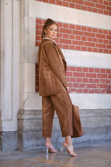 Brown Corduroy Long Jacket and Trousers Set (Set of 2) - photo 3