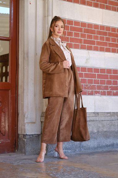 Brown Corduroy Long Jacket and Trousers Set (Set of 2) - photo 2