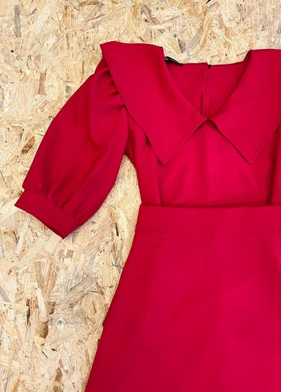 Red Skirt and Red Collar Blouse 2-piece Set - photo 2