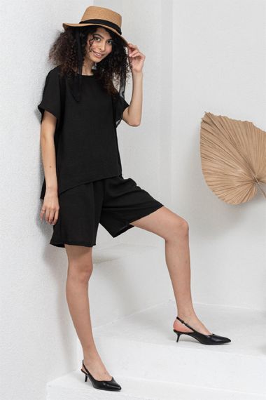 Black Cotton Linen Short Sleeve Blouse and Shorts 2-Pack Set - photo 1