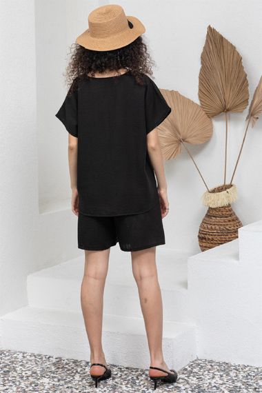 Black Cotton Linen Short Sleeve Blouse and Shorts 2-Pack Set - photo 5