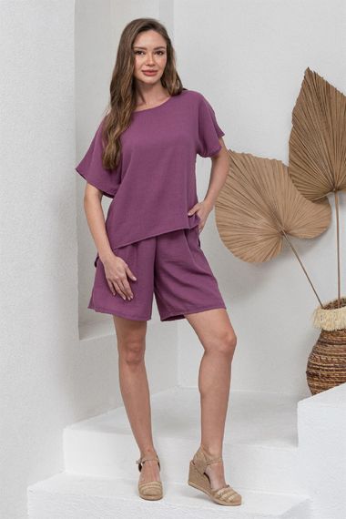 Dark Lilac Cotton Linen Short Sleeve Blouse and Shorts 2-Pack Set - photo 2