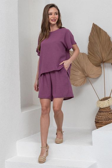 Dark Lilac Cotton Linen Short Sleeve Blouse and Shorts 2-Pack Set - photo 3