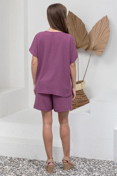 Dark Lilac Cotton Linen Short Sleeve Blouse and Shorts 2-Pack Set - photo 5