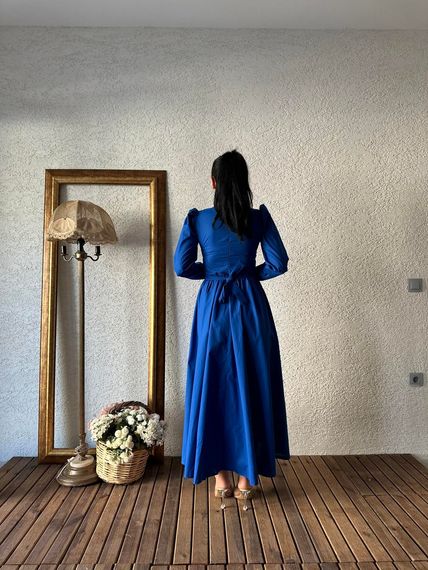 Modest Dark Blue Flared Poplin Dress in 100% Cotton, Elegant Design, Size Options Available, Perfect for Stylish Occasions - photo 4