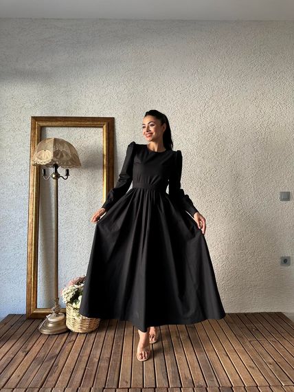 Modest Black Flared Poplin Dress - 100% Cotton, Available in Sizes S-3XL, Elegant Design, Easy Care Instructions - photo 3