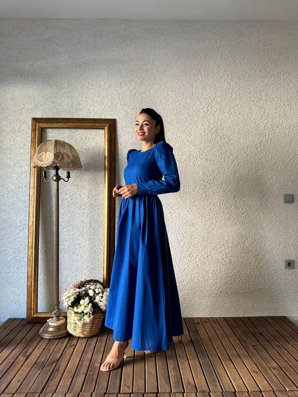 Modest Dark Blue Flared Poplin Dress in 100% Cotton, Elegant Design, Size Options Available, Perfect for Stylish Occasions - photo 3