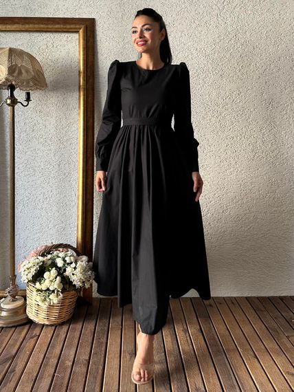 Modest Black Flared Poplin Dress - 100% Cotton, Available in Sizes S-3XL, Elegant Design, Easy Care Instructions - photo 1