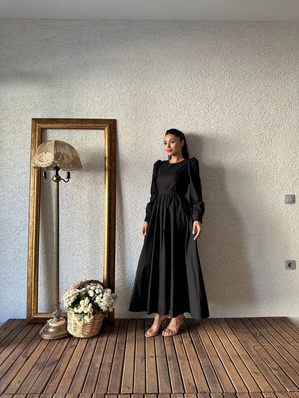 Modest Black Flared Poplin Dress - 100% Cotton, Available in Sizes S-3XL, Elegant Design, Easy Care Instructions - photo 2