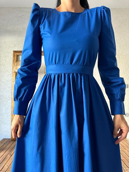 Modest Dark Blue Flared Poplin Dress in 100% Cotton, Elegant Design, Size Options Available, Perfect for Stylish Occasions - photo 5