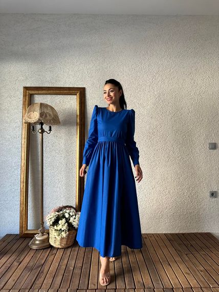 Modest Dark Blue Flared Poplin Dress in 100% Cotton, Elegant Design, Size Options Available, Perfect for Stylish Occasions - photo 2