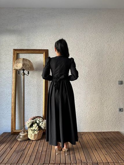 Modest Black Flared Poplin Dress - 100% Cotton, Available in Sizes S-3XL, Elegant Design, Easy Care Instructions - photo 4