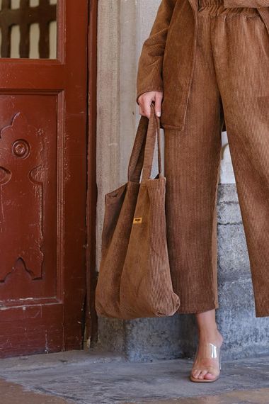 Brown Corduroy Velvet Hand and Shoulder Bag