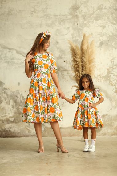 Платье для девочек с апельсиновым рисунком из 100% хлопка, в комплекте пояс, ручная стирка, подходит для детей от 1 до 9 лет - фото 3