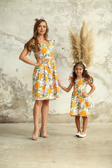 Сукня для дівчаток з апельсиновим візерунком, зав'язкою на талії, з попліну, 100% бавовна, доступні розміри 1-2 роки до 9-12 місяців - фото 3