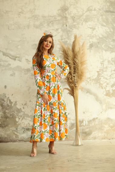 Hijab Orange Patterned Layered Poplin Dress - photo 2