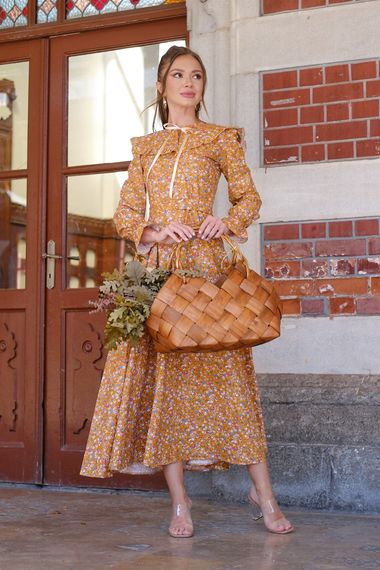 Hijab Vintage Scoop Neck Mustard Floral Balloon Sleeve Flared Dress - photo 1