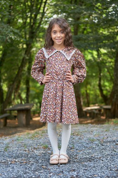Vintage Neckline Brown Floral Long Sleeve Flared Girl Dress - photo 2
