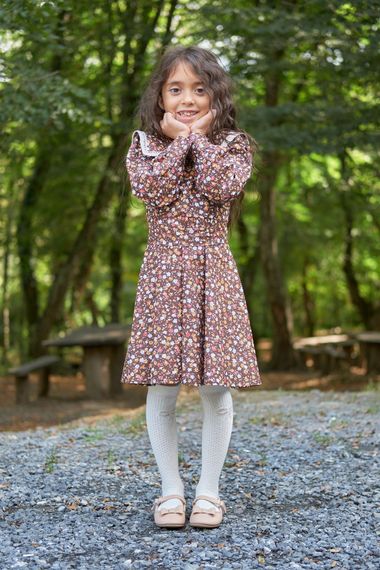 Vintage Neckline Brown Floral Long Sleeve Flared Girl Dress - photo 4