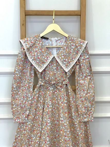 Сукня з вінтажним коміром, сірого кольору, квіткова, довгий рукав, кльош, 100% бавовна, моделі S/36, довжина 120 см, стильна і комфортна - фото 2