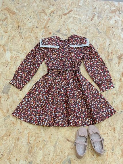 Vintage Neckline Brown Floral Long Sleeve Flared Girl Dress - photo 2