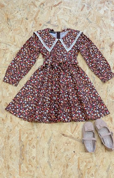 Vintage Neckline Brown Floral Long Sleeve Flared Girl Dress - photo 1