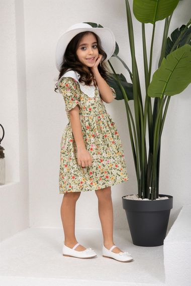 Vintage Scalloped Collar Green Ground Colored Floral Girl Dress - photo 2