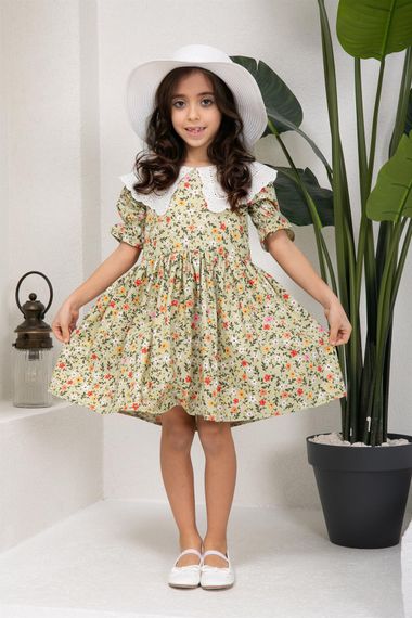 Vintage Scalloped Collar Green Ground Colored Floral Girl Dress - photo 1