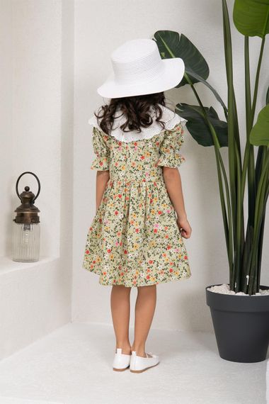 Vintage Scalloped Collar Green Ground Colored Floral Girl Dress - photo 3